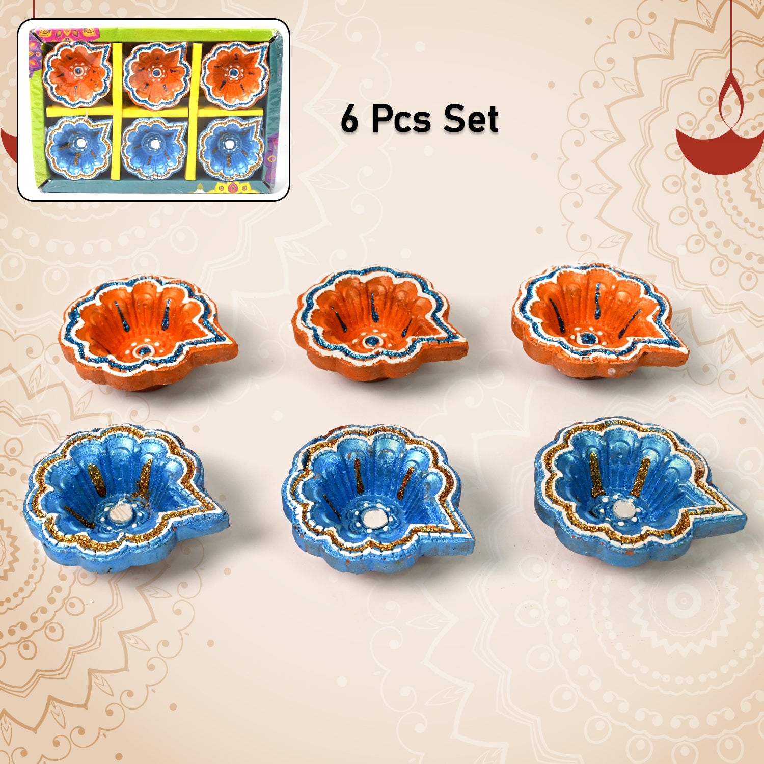 Decorative Hand Painted Clay Puja Diya For Diwali Handmade Diya (6 Pcs Set) Decorative Hand Painted Clay Puja Diya For Diwali Handmade Diya (6 Pcs Set)